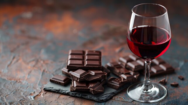 Red wine glass and chocolate on dark background with copy space for text. Red wine in the transparent glass near black chocolate. Glass of red wine with chocolate on dark table.