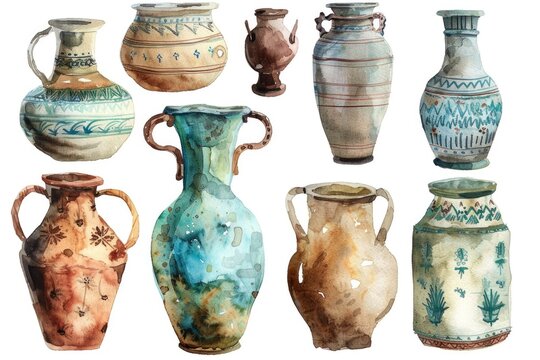 Ancient Ceramic Pottery Collection. Hand-drawn Watercolor Illustration of Antique Clay Jugs and Pots on White Background