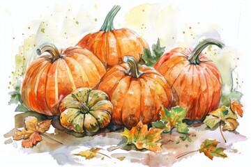 Autumn Harvest Delight. Watercolor Pumpkin Variety for Festive Seasonal Decor