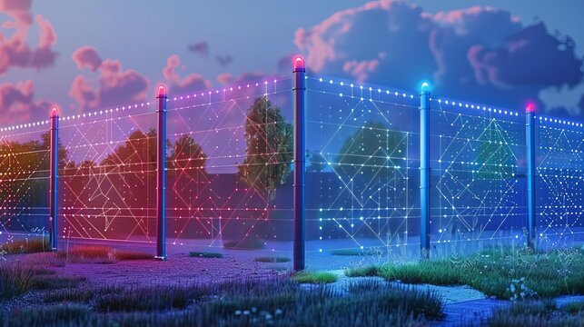 A smart fence with realtime alerts for breaches, Secure, Bright colors, Illustration, Advanced perimeter security