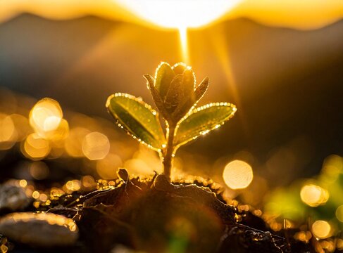 Sprout growing from earth macro photography