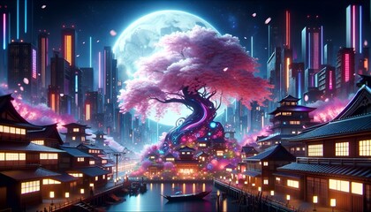 Fototapeta premium Japanese Fantasy Night Cityscape