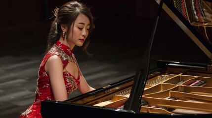 A passionate beautiful Asian woman pianist rehearsing on the stage. 