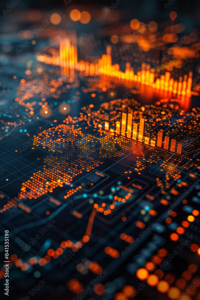 Poster global financial visualization with a digital world map and detailed trading charts,