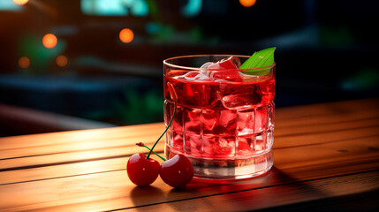 Fresh cherry cocktail. Fresh summer cocktail with cherry and ice cubes. Glass of cherry soda drink on dark background.