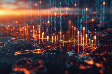 Financial data visualization on a world map with dynamic trading chart overlays,