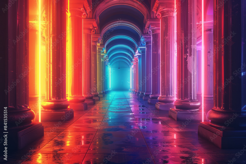 Poster digital art of an abstract corridor illuminated by neon lights with vibrant colors,