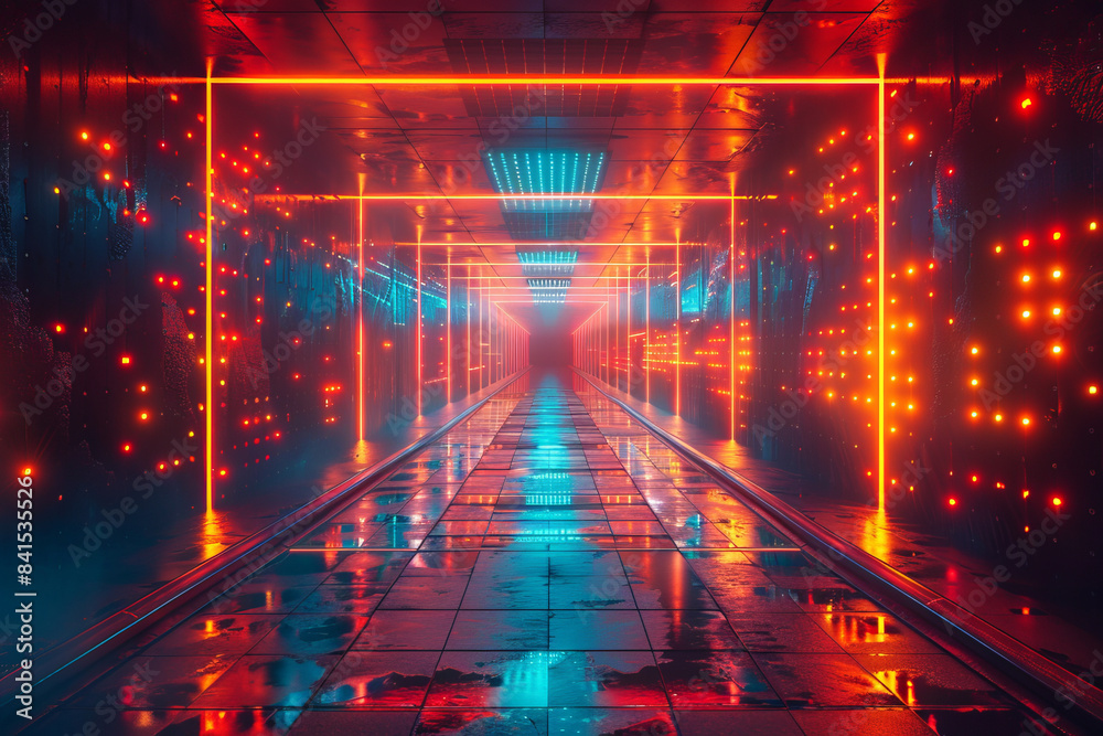 Fototapete neon-lit corridor with abstract digital patterns and dynamic, glowing shapes,