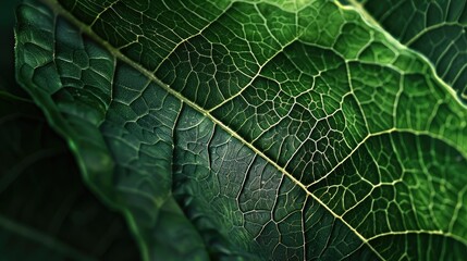 Close-up of leaf surface, intricate veins and lush green hues, nature's mesmerizing pattern