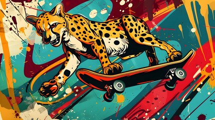 Punk Rock Cheetah Skateboarding in Vibrant Skate Park Tattoo Design