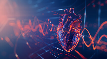 Neon heart on the background of a blurred screen with heart rate waves. Concept of medicine 