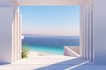 view from the window, A minimalist architectural gate offering a breathtaking view of the sea and beach, designed in the style of Santorini Island