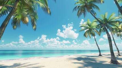 Tropical beach with palm trees swaying in the breeze, evoking a sense of paradise and escape