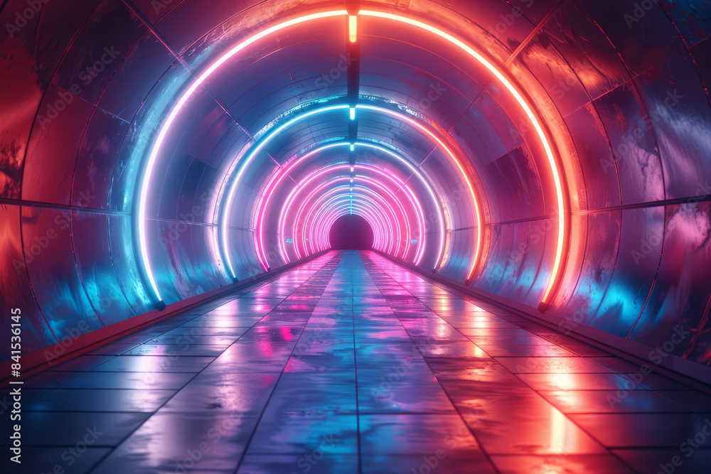 Fototapete abstract digital art of a neon-lit futuristic tunnel with dynamic patterns,