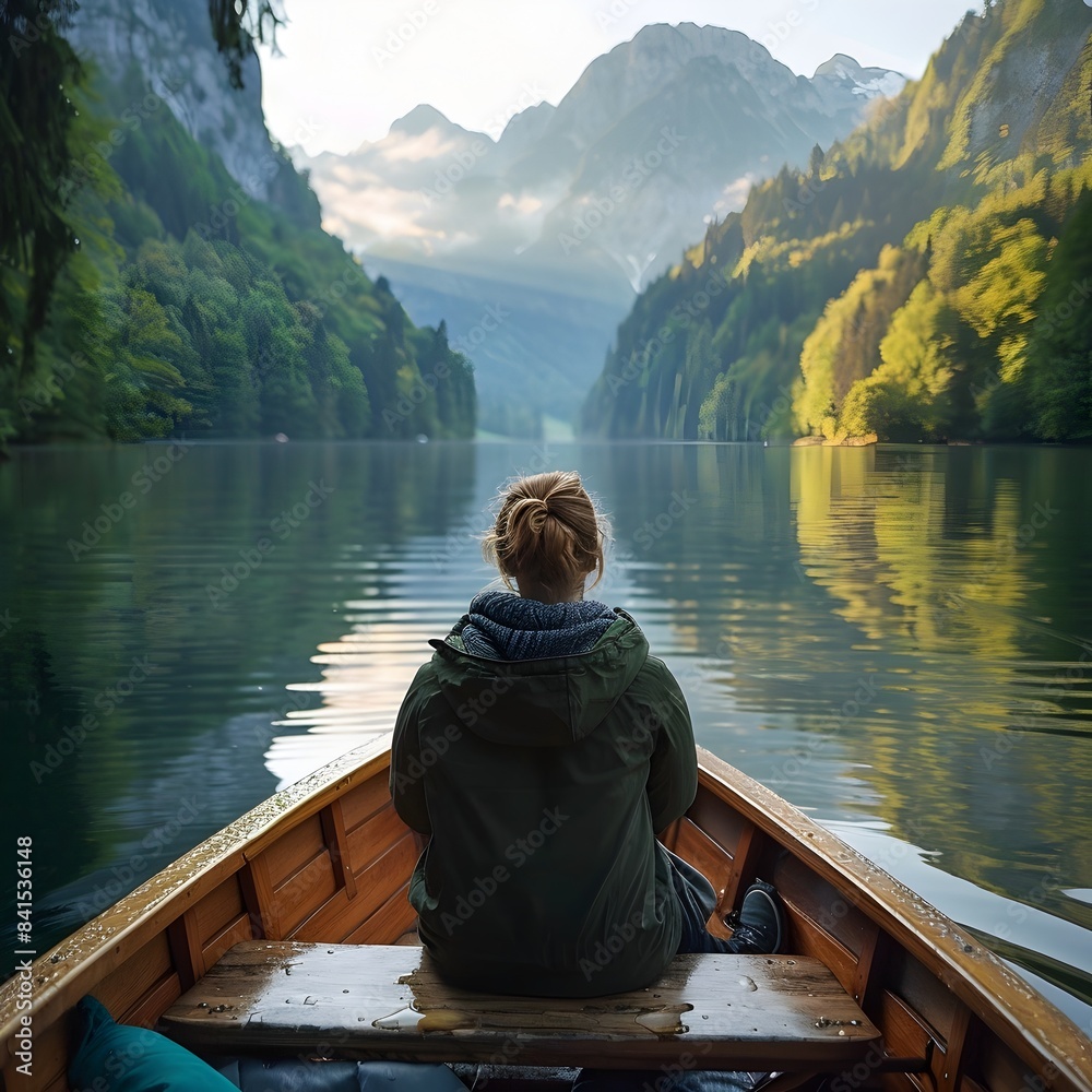 Poster Tranquil Boat Ride Amid Serene Mountain Landscape Offering Peaceful Escape and Nature Immersion