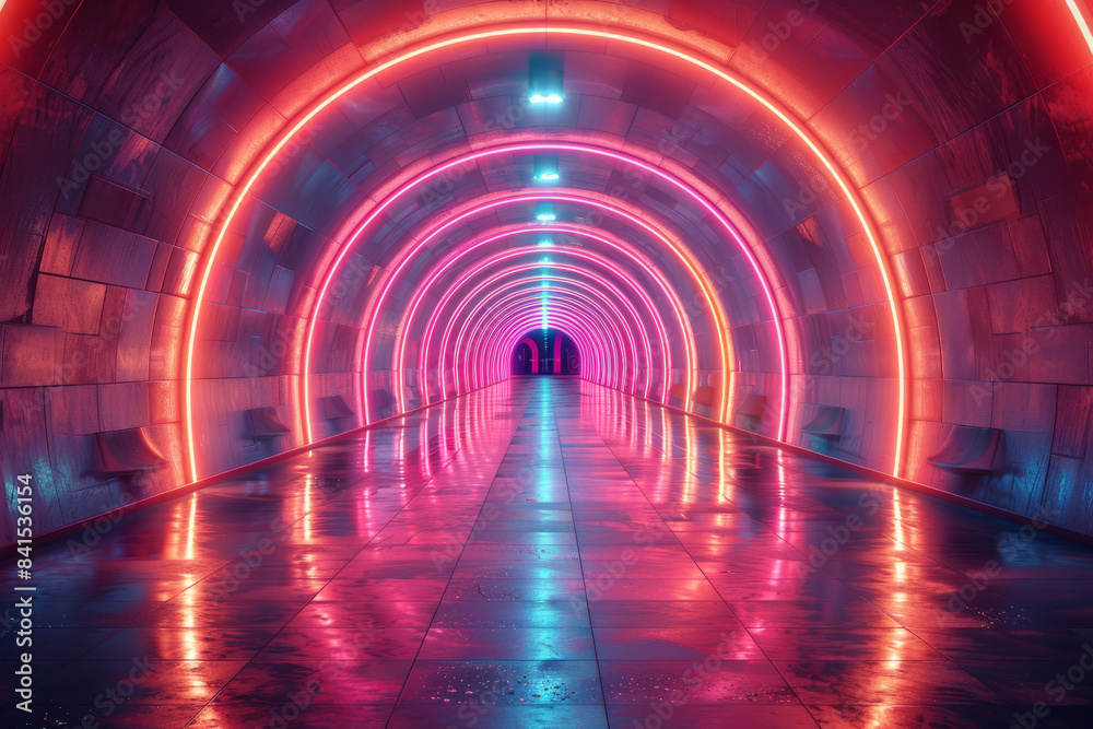 Poster futuristic light tunnel showcasing abstract digital patterns and vibrant hues,