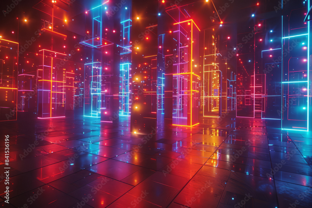 Aufkleber abstract neon gridscape with vibrant lights and dynamic geometric designs,