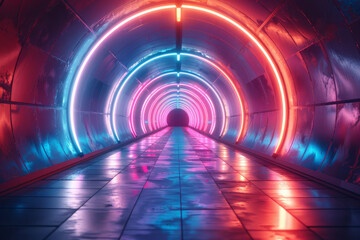 Abstract digital art of a neon-lit futuristic tunnel with dynamic patterns,