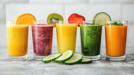 Fototapeta premium Vibrant fruit and vegetable smoothies arranged in glasses, refreshing and nutritious for a healthy lifestyle