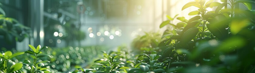 Naklejka premium Lush green plants in a modern greenhouse with sunlight filtering through. Perfect for themes about agriculture, nature, and sustainable growth.