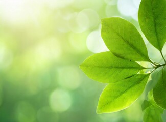 Close up of nature view green leaf aligned to the left, copy space on the right, on blurred background