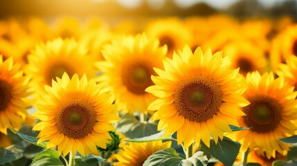 Beautiful field of blooming sunflowers against blurry sunset golden light. Summer sunflower flower background banner.
