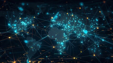 Obraz premium A virtual map of the world with moving dots representing flights being tracked and monitored by datadriven systems.