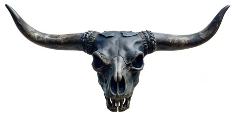 Rinderschädel dunkel mit Hörnern - Longhorn - fotorealistische Darstellung vor weißem Hintergrund