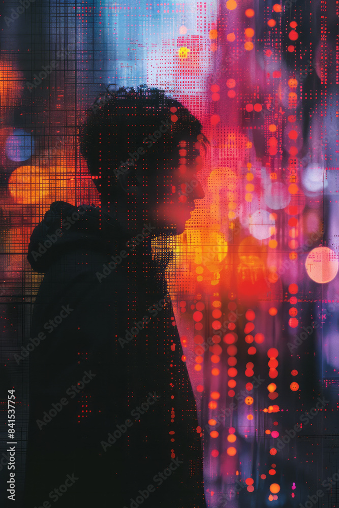 Aufkleber digital typography with sleek, abstract pixel glow patterns,