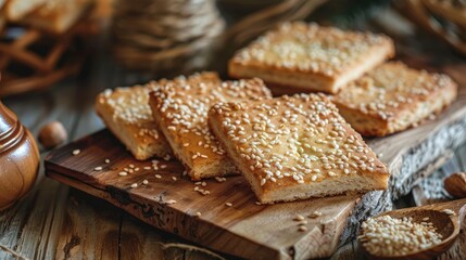 Rectangular cookies topped with sesame seeds on a wooden platter
