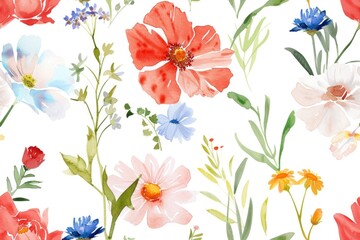 Obraz premium Watercolor Floral Pattern with Vibrant Spring Blossoms on White Background