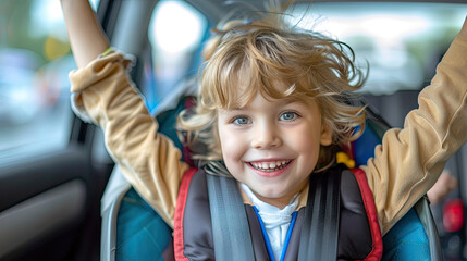 Happy boy sitting in a child seat in a car