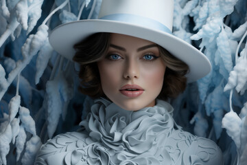 Portrait of a fashionable and elegant girl, against the background of winter, branches with snow, face makeup, hat and dress, hairstyle, style and fashion