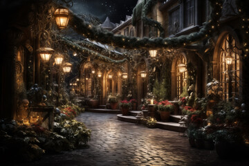 Fototapeta premium a city street on a winter night, snow covered houses and trees, the light of lanterns, facades of houses decorated for Christmas or New Year, festive environment
