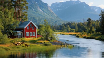 Fototapeta premium A red house sits on a grassy hillside next to a lake