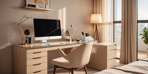 A modern beige bedroom with a sleek glass desk and a minimalist chair.