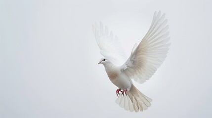 Obraz premium Elegant white dove in mid-flight against a pristine white sky, embodying serenity and grace