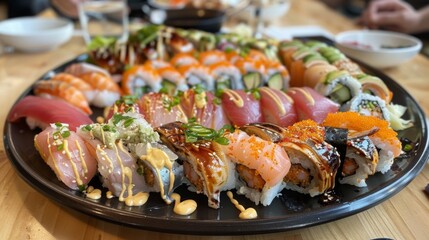 A vibrant sushi platter featuring a variety of rolls, nigiri, and sashimi, beautifully arranged and garnished with pickled ginger and wasabi