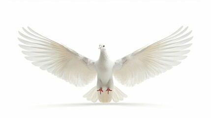 Fototapeta premium Elegant white dove spreading its wings against a clear white background, symbolizing freedom