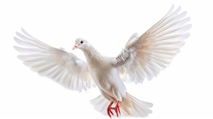 Obraz premium Elegant white dove spreading its wings against a clear white background, symbol of freedom