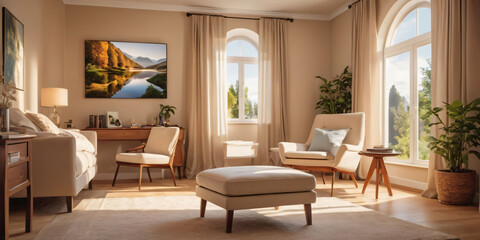 Fototapeta premium A calming beige bedroom with a peaceful landscape painting and a comfortable reading chair.