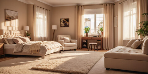 A cozy beige bedroom with a plush area rug and a comfortable reading nook.