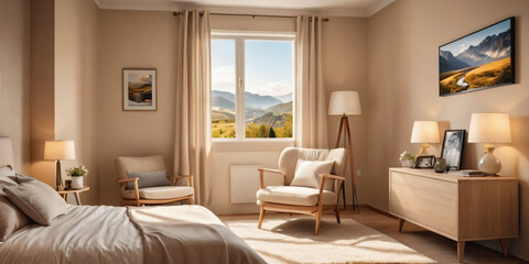 Fototapeta premium A calming beige bedroom with a peaceful landscape painting and a comfortable reading chair.