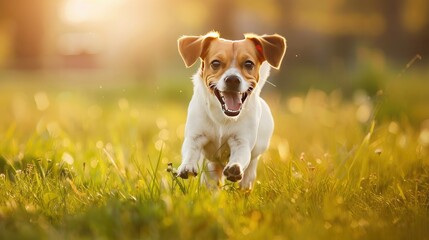 Enthusiastic pup racing across a sun-kissed meadow, exuding pure happiness and freedom
