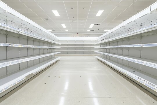 Empty supermarket aisle with clean, well-lit shelves