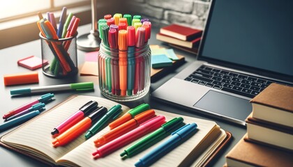 Fototapeta premium Colorful Highlighters and Laptop on Study Desk