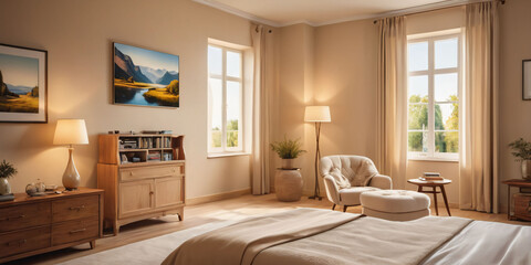 Fototapeta premium A calming beige bedroom with a peaceful landscape painting and a comfortable reading chair.