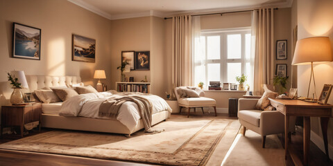 A cozy beige bedroom with a plush area rug and a comfortable reading nook.