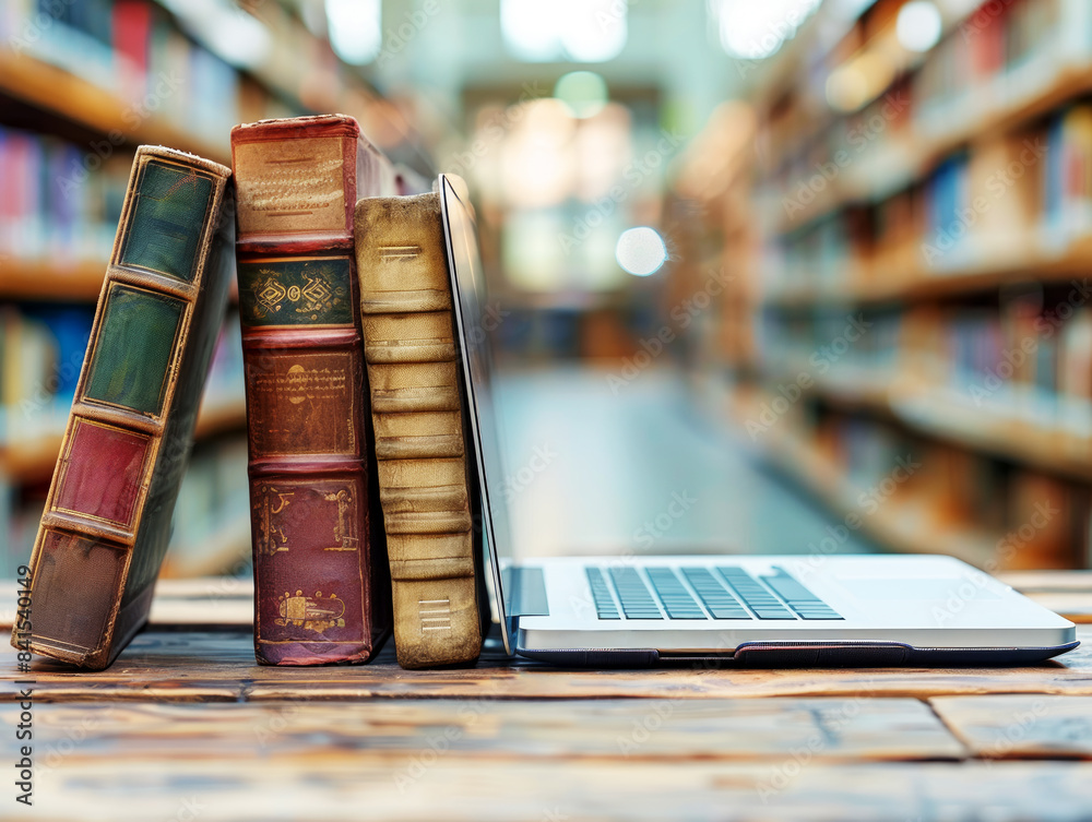 Poster a stack of old books beside a modern laptop on a wooden table, with a library background, symbolizin