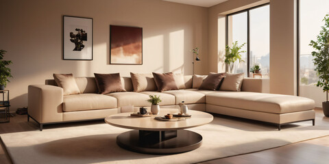 Fototapeta premium A modern beige living room with a sleek, low-profile sofa and a minimalist coffee table.